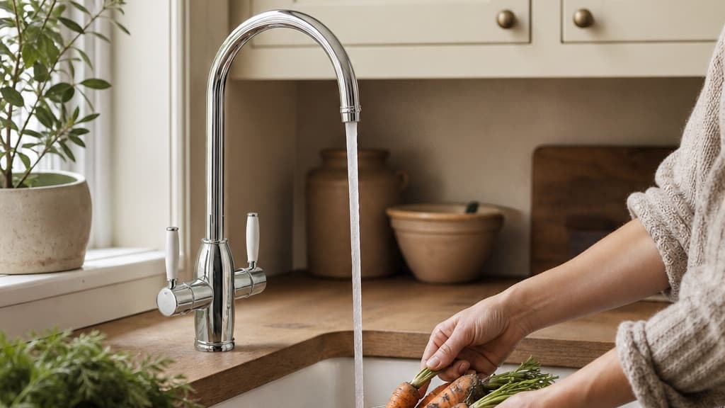 Abode Pronteau Province 4-in-1 tap with white levers running in a classic shaker kitchen