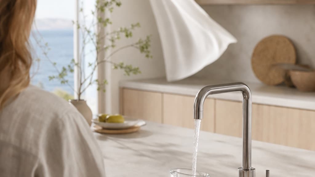 Arno Square 4-in-1 boiling water tap running at the sink of a coastal kitchen