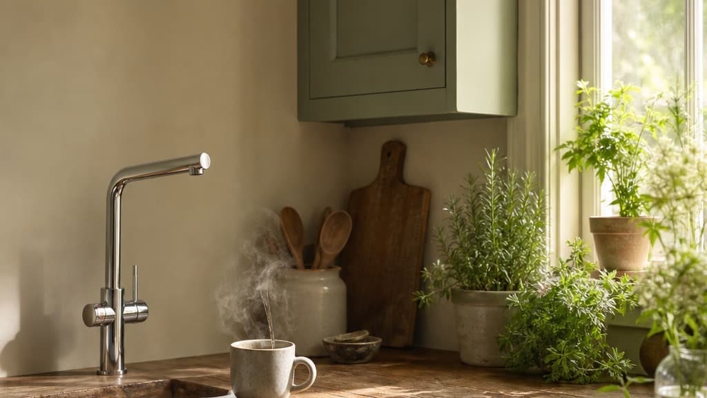 Grohe Red Duo L boiling water tap in a cottage kitchen with herbs on the windowsill