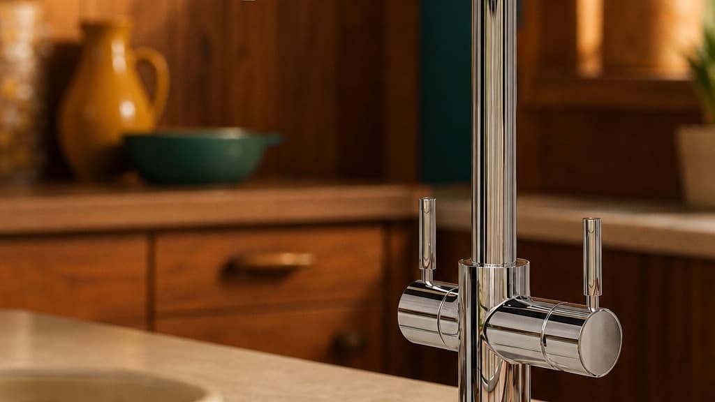 InSinkErator 3N1 J-Shape tap with twin levers in a mid-century kitchen