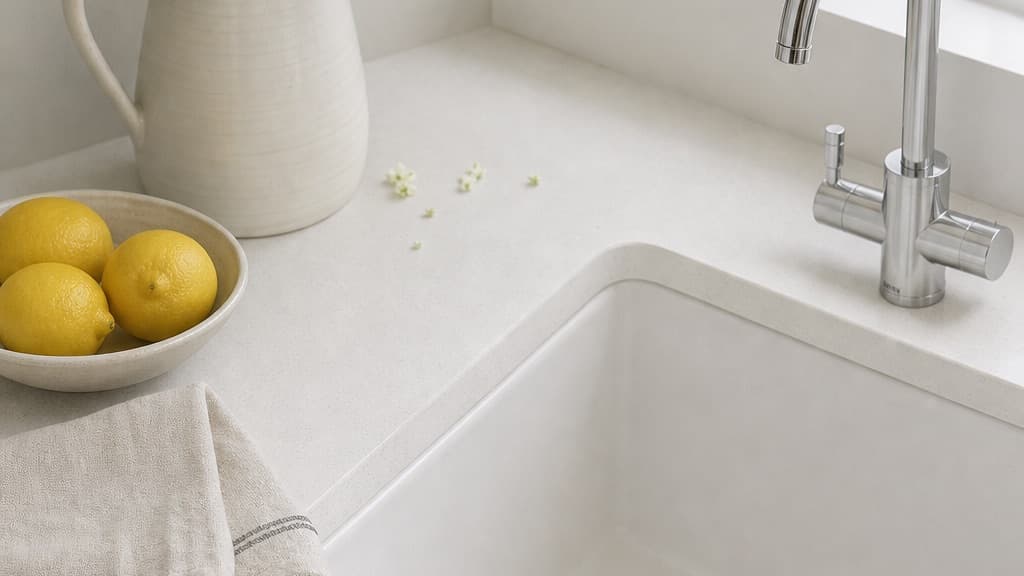 Qettle Signature Modern Round 7L tap beside a white sink with a bowl of lemons