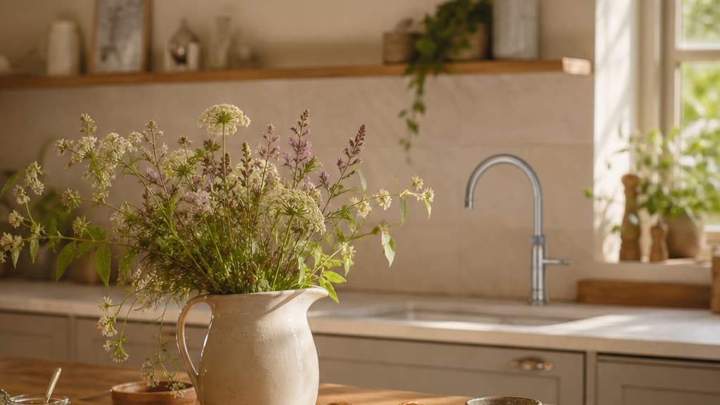 Quooker Classic Fusion boiling water tap at the window sink of a farmhouse kitchen
