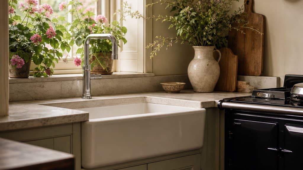 Quooker Classic Fusion Square tap over a butler sink in a country-house kitchen