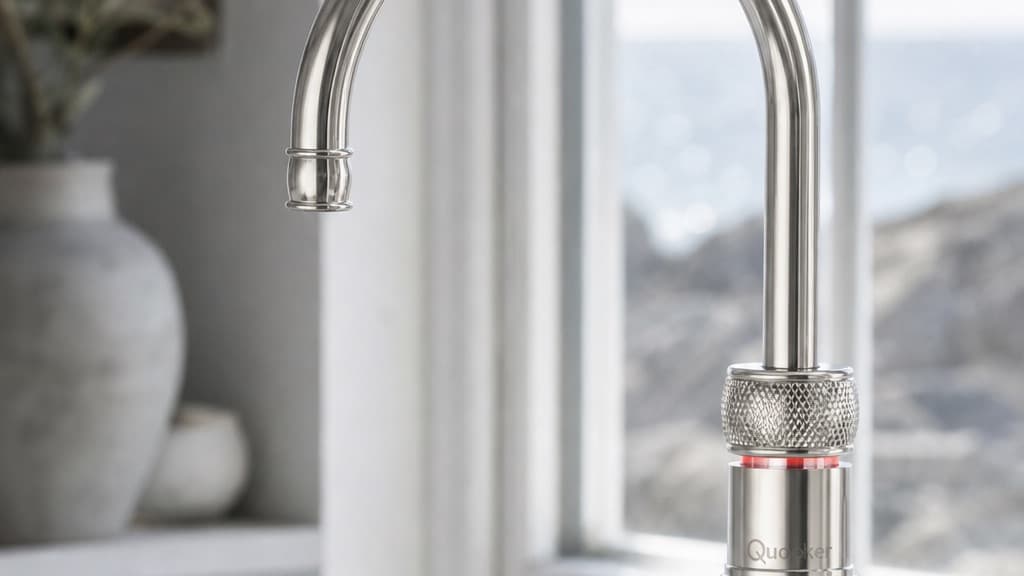 Quooker Classic Nordic Round Single Tap close up, red ring visible, coastal light behind