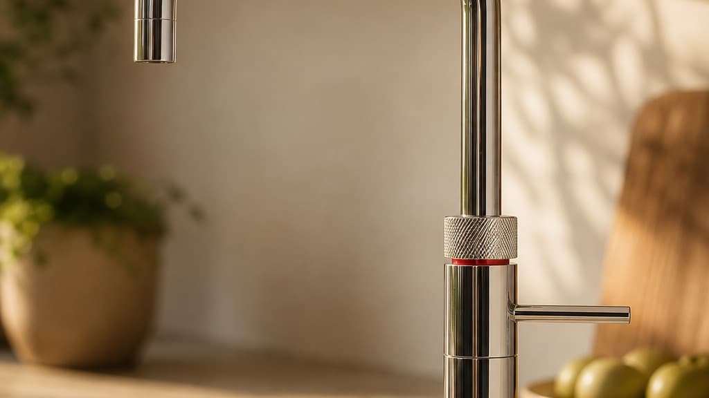 Quooker Fusion Round boiling water tap in golden-hour light, red ring visible