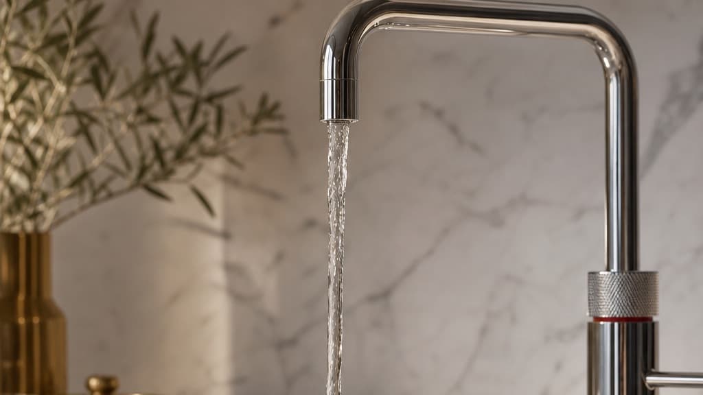 Quooker Fusion Square boiling water tap filling a glass against a marble splashback