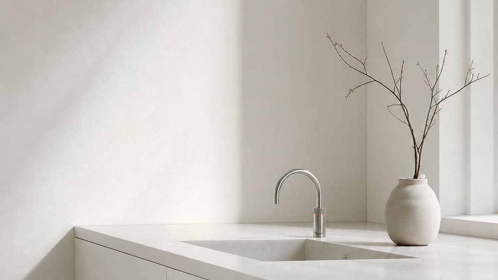 Quooker Nordic Round Single Tap on a pure white worktop in a Nordic kitchen
