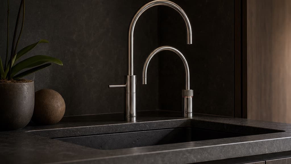 Quooker Nordic Round Twintaps pair on a dark stone worktop in a spa-like kitchen