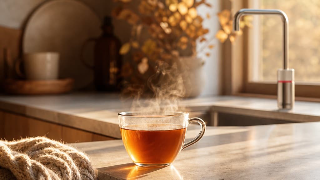 Steaming cup of tea on a worktop with a boiling water tap at the sink behind