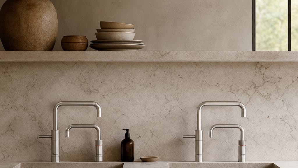 Quooker Nordic Square Twintaps set against a stone splashback in a designer kitchen