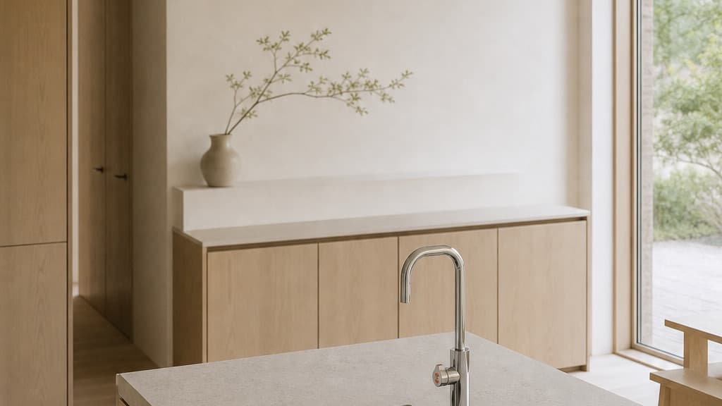 Zip HydroTap G5 Cube Plus on the island of a pale oak Japandi kitchen