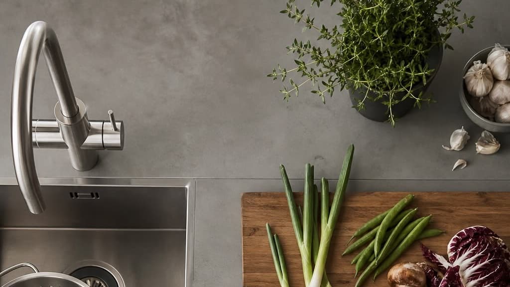 Overhead view of a kitchen worktop with a boiling water tap, sink and vegetable prep board