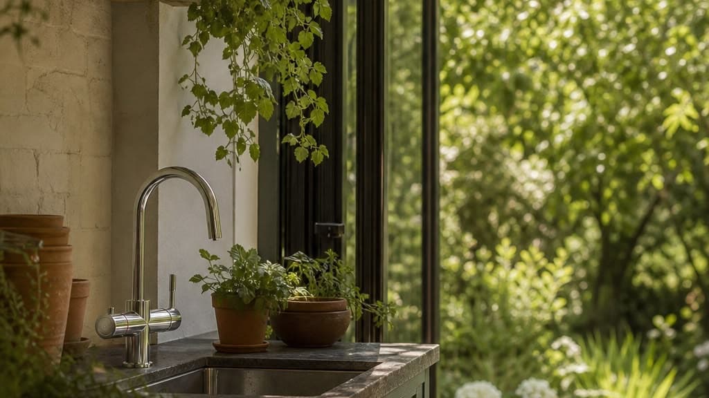 Garden-side kitchen with terracotta pots and a chrome boiling water tap at the prep sink