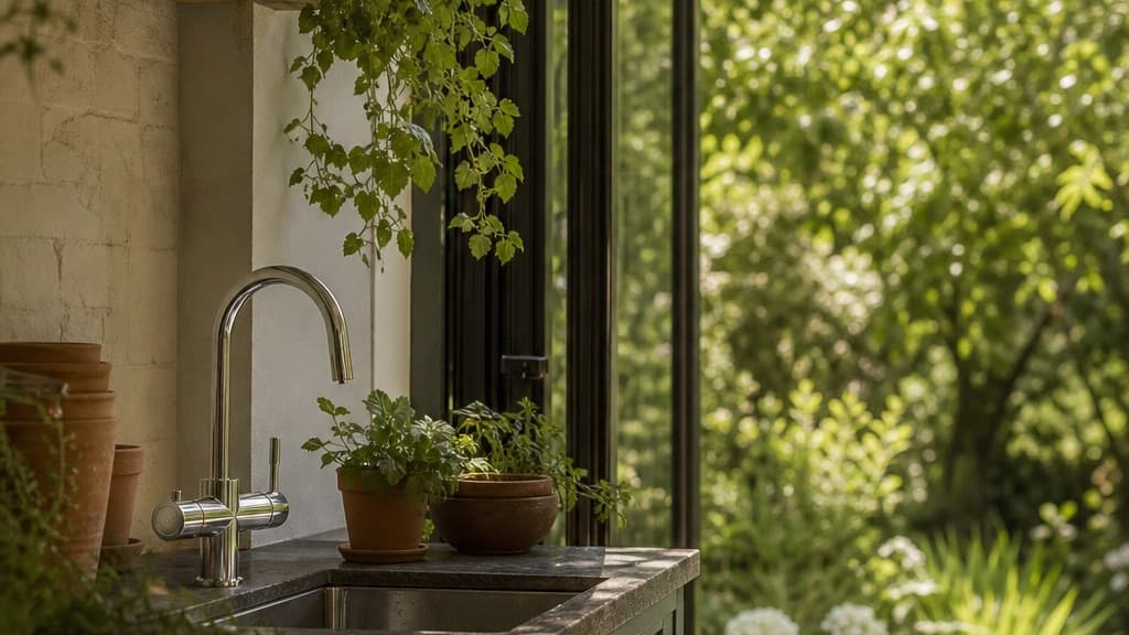 Hanstrom Ume 3-in-1 boiling water tap at the sink of a garden-facing kitchen