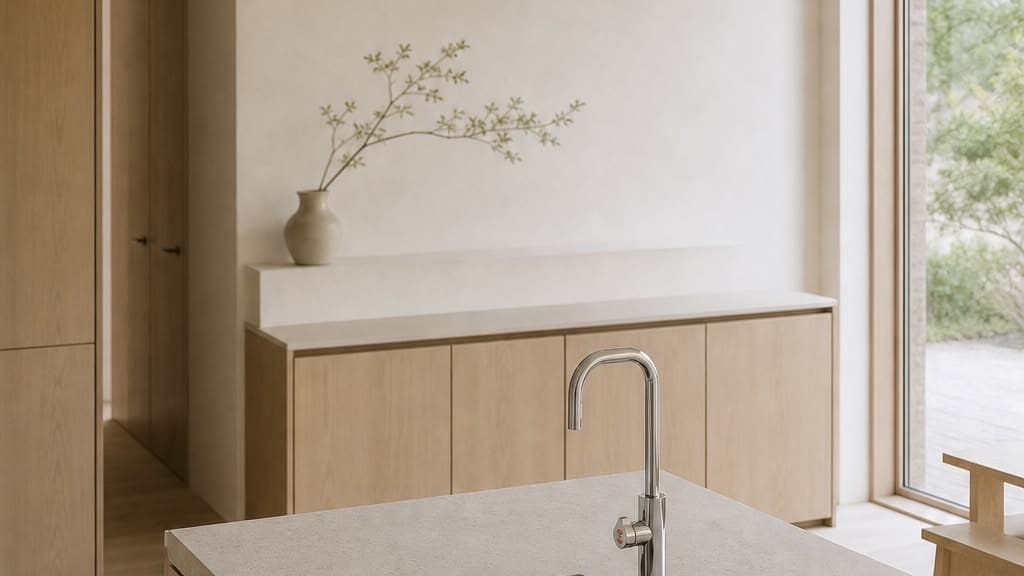 Pale oak Japandi kitchen with a chrome boiling water tap on the island worktop