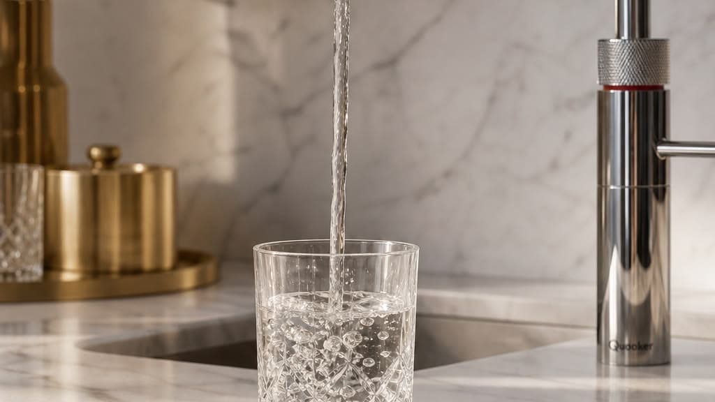 Square chrome Quooker boiling water tap on a marble worktop, filling a cut-glass tumbler