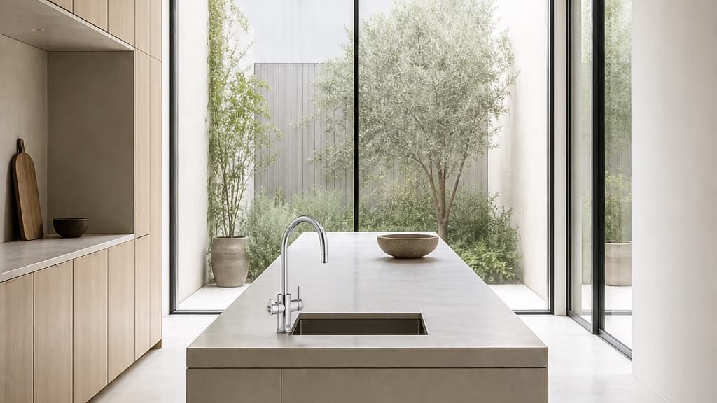 Zip HydroTap G5 Celsius Arc on a stone island in a light-filled minimalist kitchen